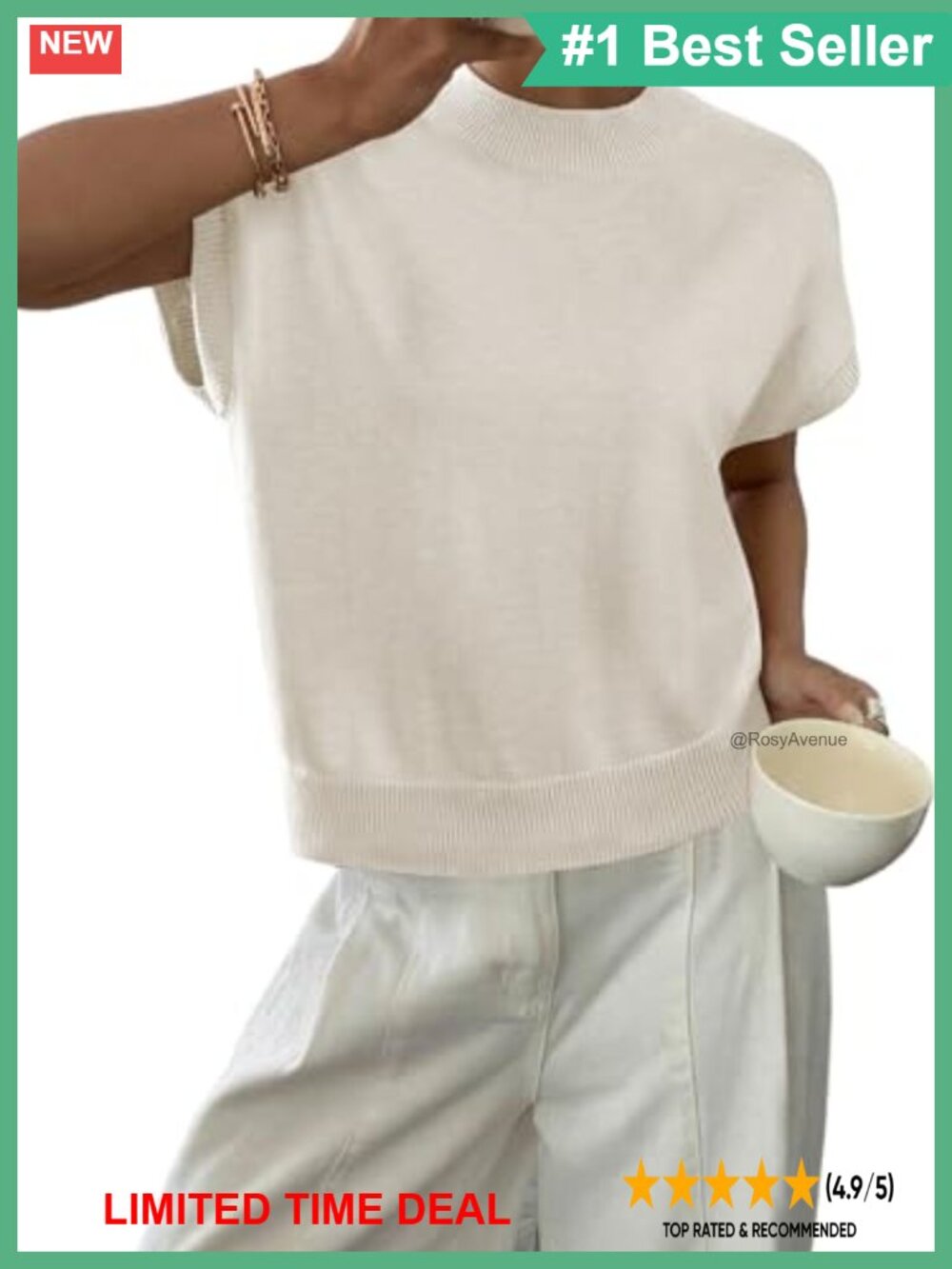 Cap Sleeve Knit Sweater Tank Top Loose Fit Crewneck Pullover